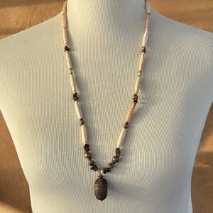 Vintage Carved Stone Scarab Egyptian Bone & Tigers Eye Bead Pendant Necklace 28"